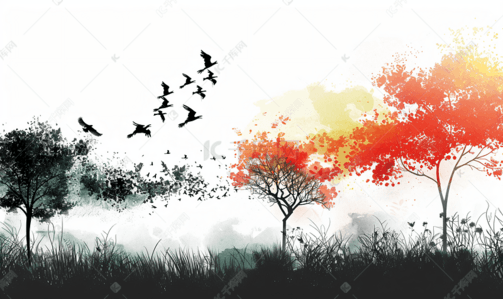 简约大气图插画图片_意境中的树与飞鸟