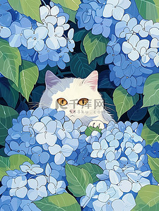 卡通气球花插画图片_藏在绣球花里的白猫原创插画