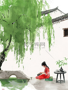 绿色的柳树插画图片_绿色的柳树年轻女子坐在河边原创插画