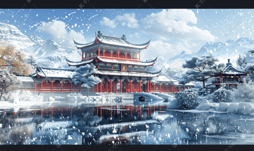 立冬的插画图片_中式古典园林中的雪景