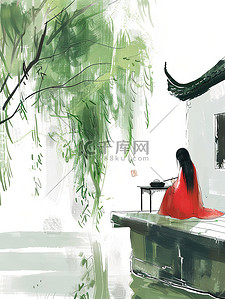 绿色的柳树年轻女子坐在河边图片