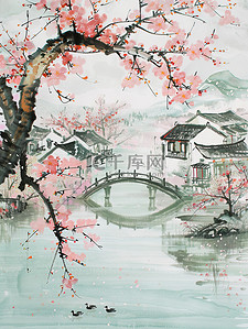 春水插画图片_桃树盛开的春水风光池塘插画海报