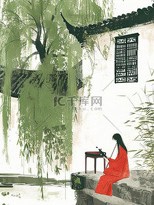 绿色的柳树年轻女子坐在河边矢量插画