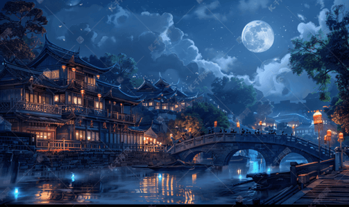 夜色建筑插画图片_南浔古镇夜色美景民居古桥