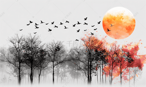 大气的背景插画图片_意境中的树与飞鸟