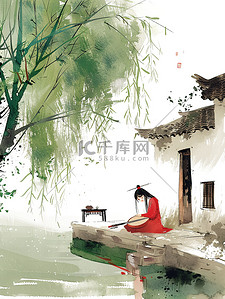 河边柳树插画图片_绿色的柳树年轻女子坐在河边矢量插画
