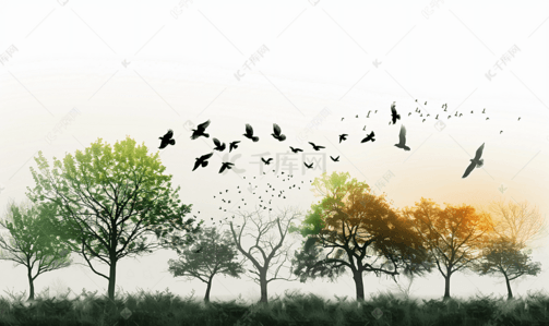 背景图简约大气插画图片_意境中的树与飞鸟