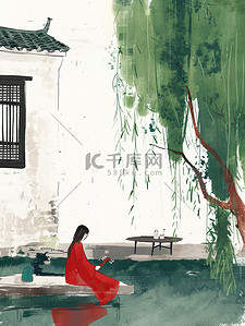 坐在河边插画图片_绿色的柳树年轻女子坐在河边图片