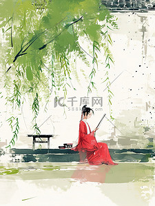 绿色的柳树年轻女子坐在河边插画素材