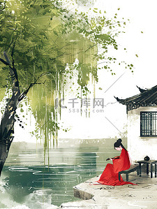 坐在河边插画图片_绿色的柳树年轻女子坐在河边插画图片
