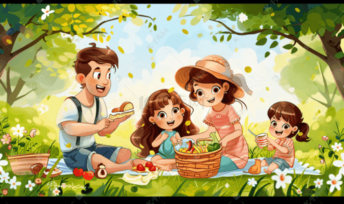 外出游玩插画图片_一家人欢乐地外出野餐