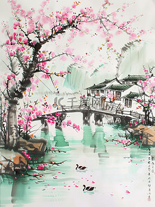 春水插画图片_桃树盛开的春水风光池塘插画