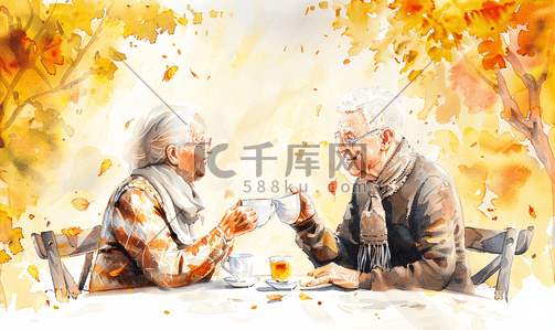 喝茶插画图片_老年夫妻喝茶聊天