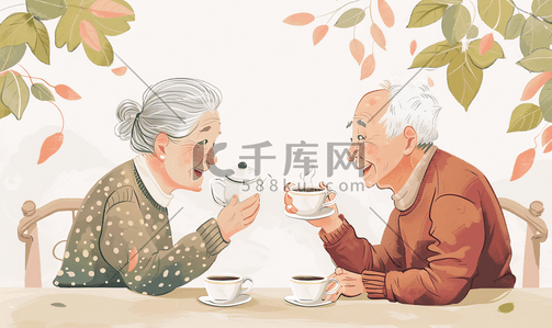 老年人防摔倒插画图片_老年夫妻喝茶聊天