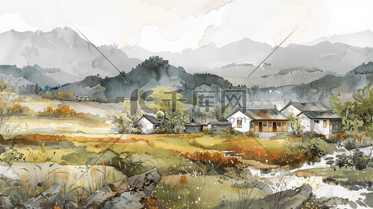 彩色水彩绘画田园房屋风格的插画1