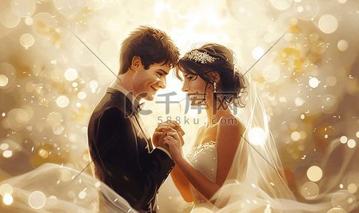 婚礼地毯灯带插画图片_婚礼结婚新娘给新郎带上了戒指