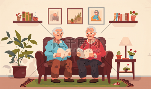 老年墙绘插画图片_居家老年夫妇形象