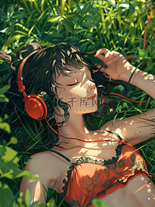享受的人物插画图片_躺在草坪听歌的女生