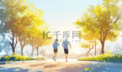 体育logo插画图片_老年夫妇公园晨跑