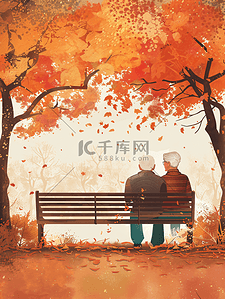 亲密举动插画图片_老年夫妇坐在公园长椅欣赏风景