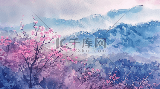 中国风插画图片_彩色中国风盛开的樱花风景插画