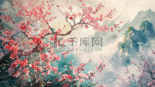 的樱花插画图片_彩色中国风盛开的樱花风景插画