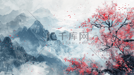 的樱花插画图片_彩色中国风盛开的樱花风景插画