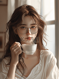 小天天插画图片_喝咖啡学习的女生