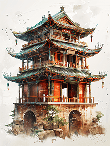 少数民族手绘插画图片_中国建筑古建筑