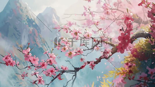 粉色的樱花插画图片_彩色中国风盛开的樱花风景插画