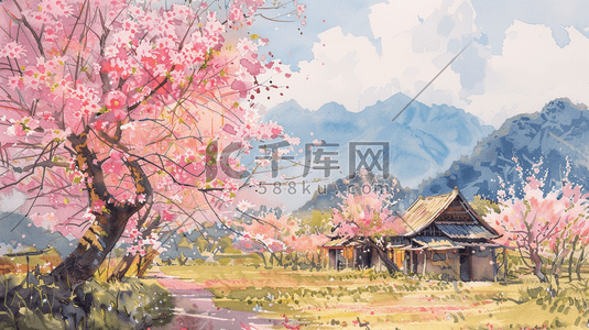 中国风插画图片_彩色中国风盛开的樱花风景插画