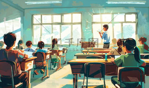 中小学教师插画图片_教师辅导学生课堂作业