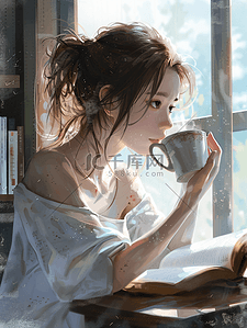 假日休闲插画图片_喝咖啡学习的女生