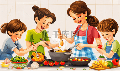 奶奶做饭插画图片_一起做饭