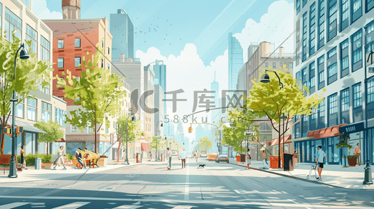 彩色手绘现代城市道路高楼大厦的插画