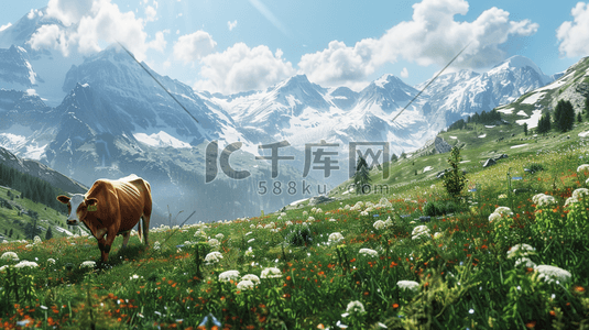 湖区景区插画图片_户外风景大山景区草原放养奶牛的插画