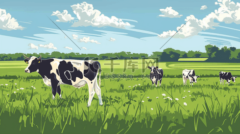 户外绿色山坡农场奶牛的插画