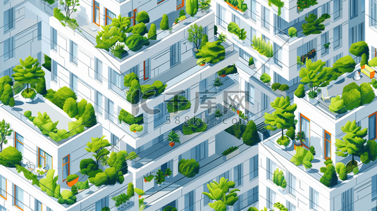 绿化插画图片_简约绿色绿化城市楼房建筑设计的插画