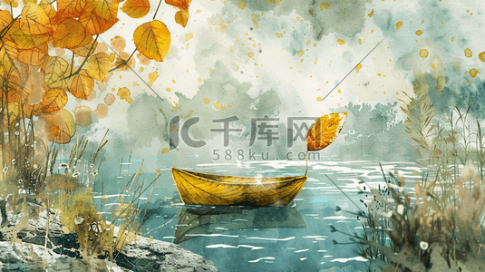 彩色水彩绘画缤纷朦胧河流小船的插画