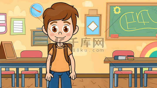 认真学习的男孩插画图片_彩色手绘绘画室内教室男孩上课的插画