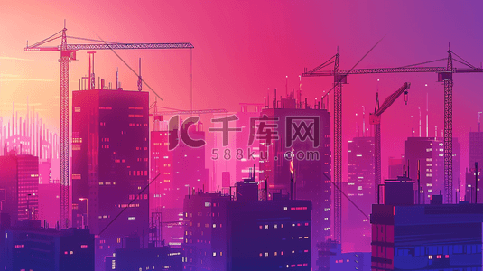 彩色夕阳下城市建筑大型吊车的插画