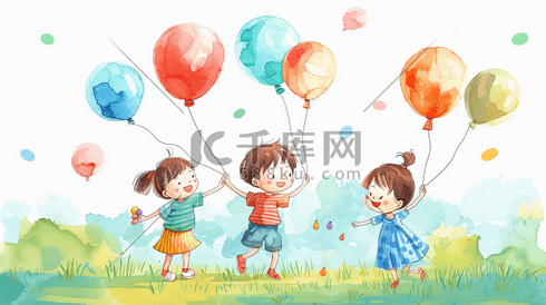 彩色手绘绘画户外风景孩童奔跑玩耍的插画