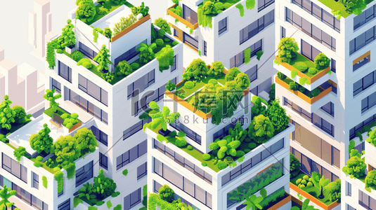 绿化插画图片_简约绿色绿化城市楼房建筑设计的插画