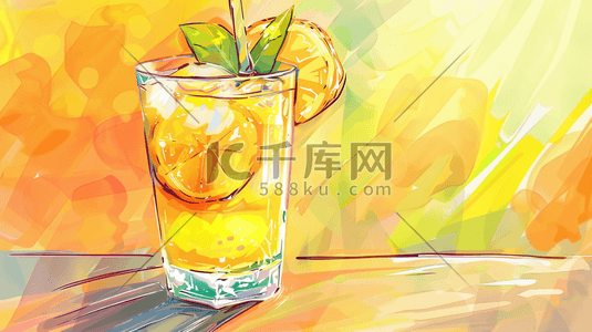 吸饮料插画图片_彩色手绘绘画渐变纹理柠檬饮料的插画