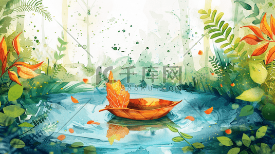 彩色水彩绘画缤纷朦胧河流小船的插画