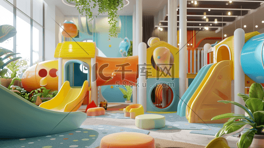 彩色室内儿童游乐场滑梯设施的插画