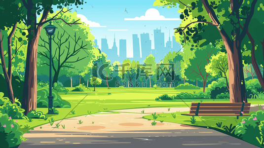 公园的长椅插画图片_手绘绿色公园里树木长椅的插画