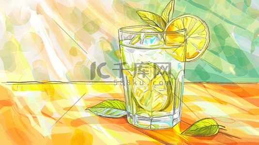 饮料吸管插画图片_彩色手绘绘画渐变纹理柠檬饮料的插画