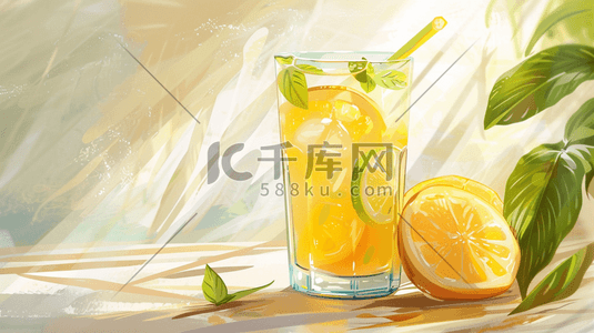 柠檬杯子插画图片_彩色手绘绘画渐变纹理柠檬饮料的插画