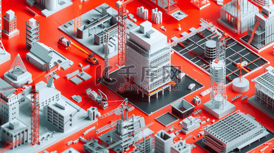 红色质感简约插画图片_简约立体白红色城市建筑摆件的插画